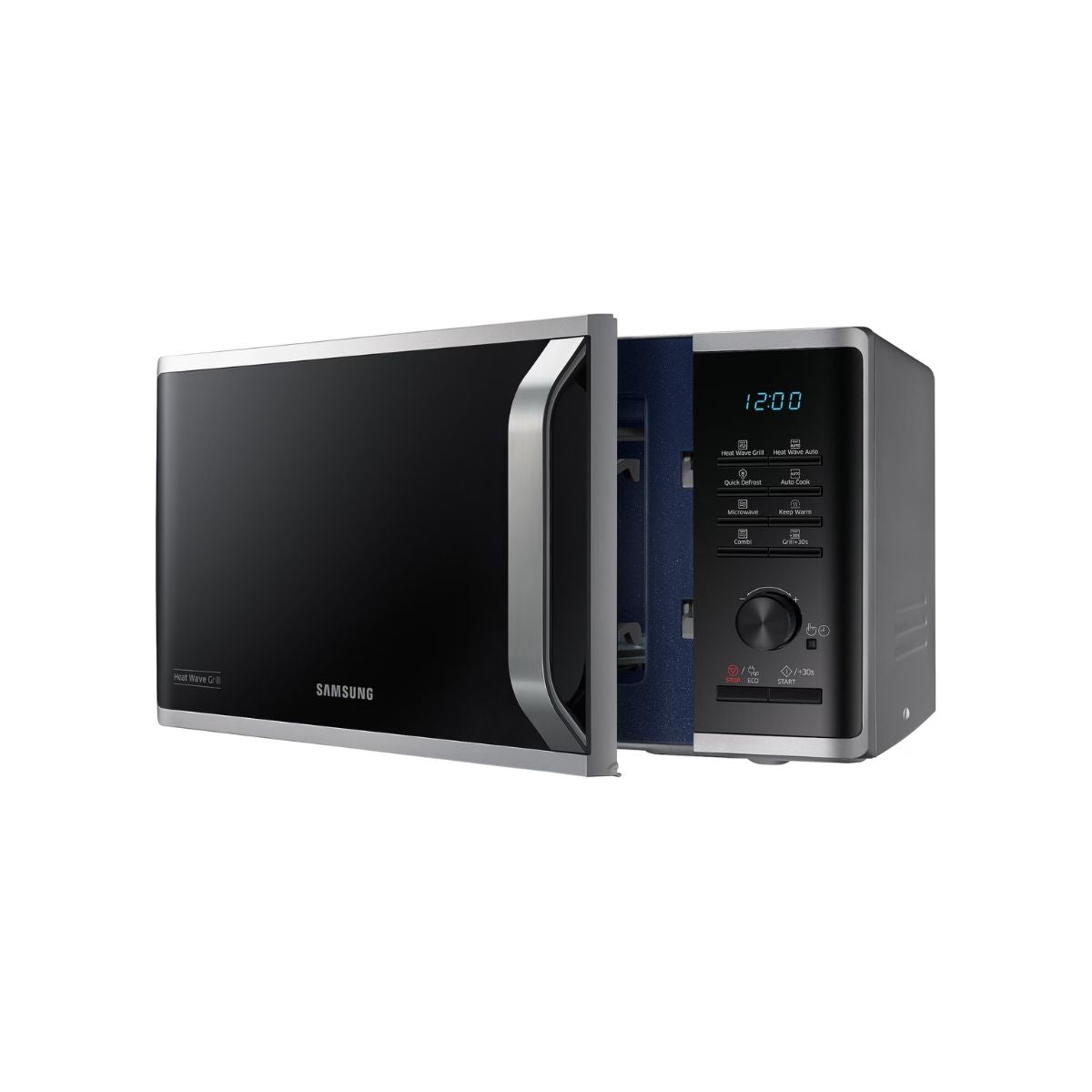 Micro-ondes Gril Samsung MG23K3575AS, 23L, Silver - Electrobay Maroc. Fonctions Keep Warm, Quick Defrost et cavité en Céramique Émaillée pour une cuisson facile.
